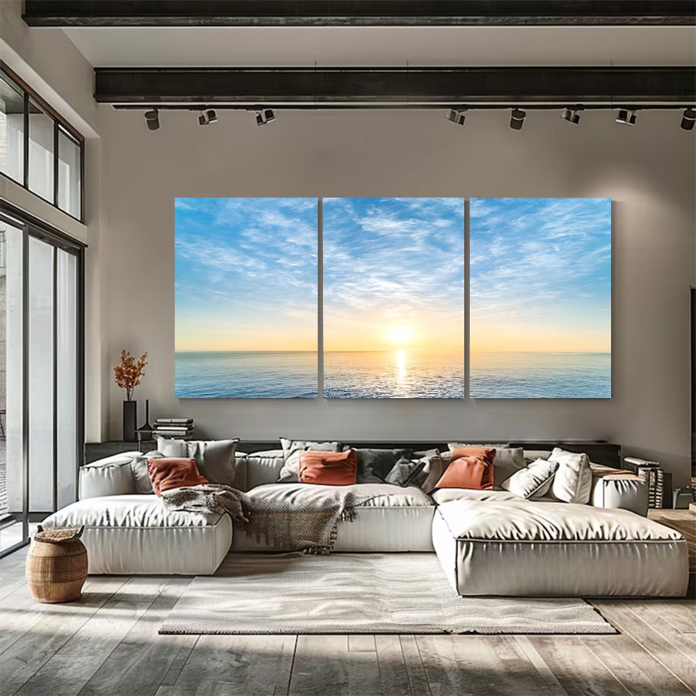 3-Piece Set Minimal Sunrise Over Calm Water Canvas Art