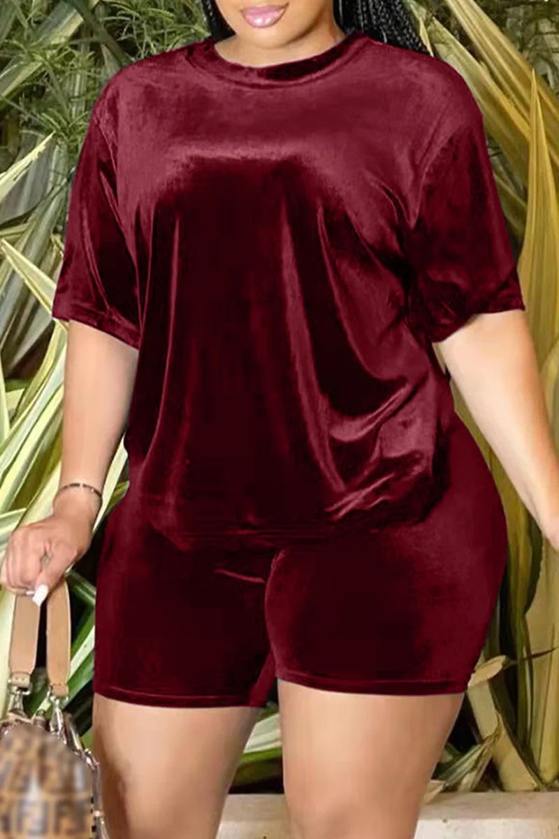 Burgundy Fashion Casual Solid Basic O Neck Short Sleeve Two Pieces