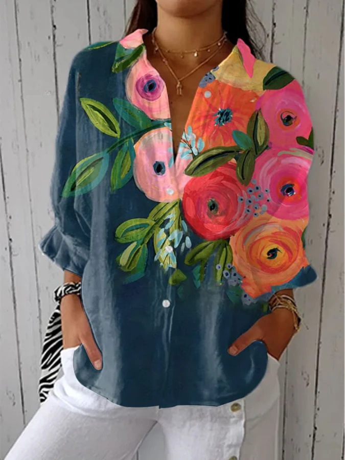 🌻Summer Sale 50%🌻Women's vintage floral linen v-neck shirt
