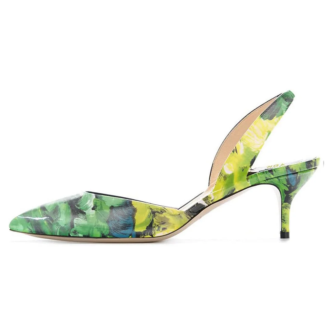 Chic Green Floral Print Pointed Toe Kitten Heel Slingback Pumps