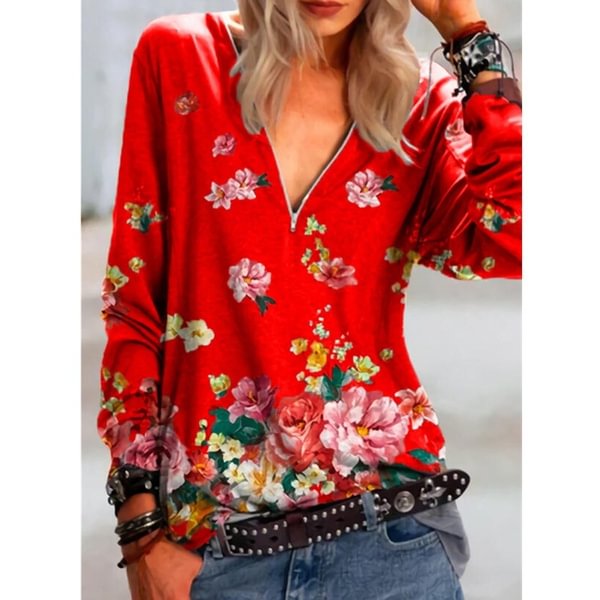 XS-6XL NEW Spring And Autunmn Clothes Women's Fashion Casual V-neck Zipper Long Sleeve T-shirt Floral Printing Cotton Tops Pullover Loose Blouse Ladies Plus Size shirts - Shop Trendy Women's Clothing | LoverChic