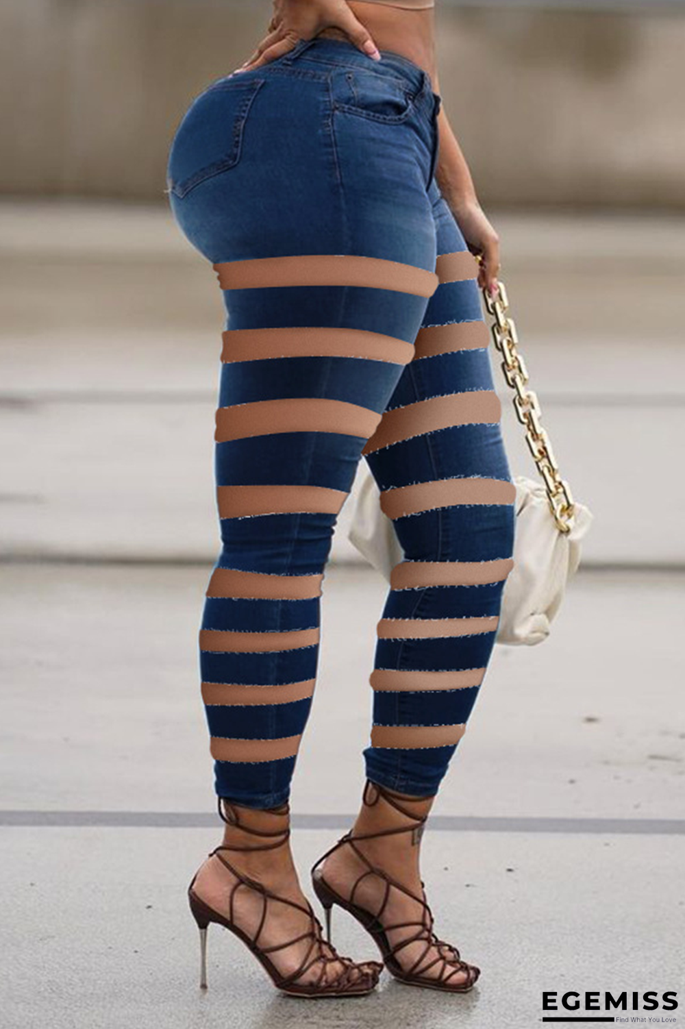 Deep Blue Sexy Solid Hollowed Out High Waist Skinny Denim Jeans | EGEMISS