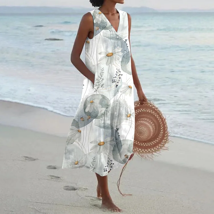 V-neck Flowers Printed Beach Dress VangoghDress