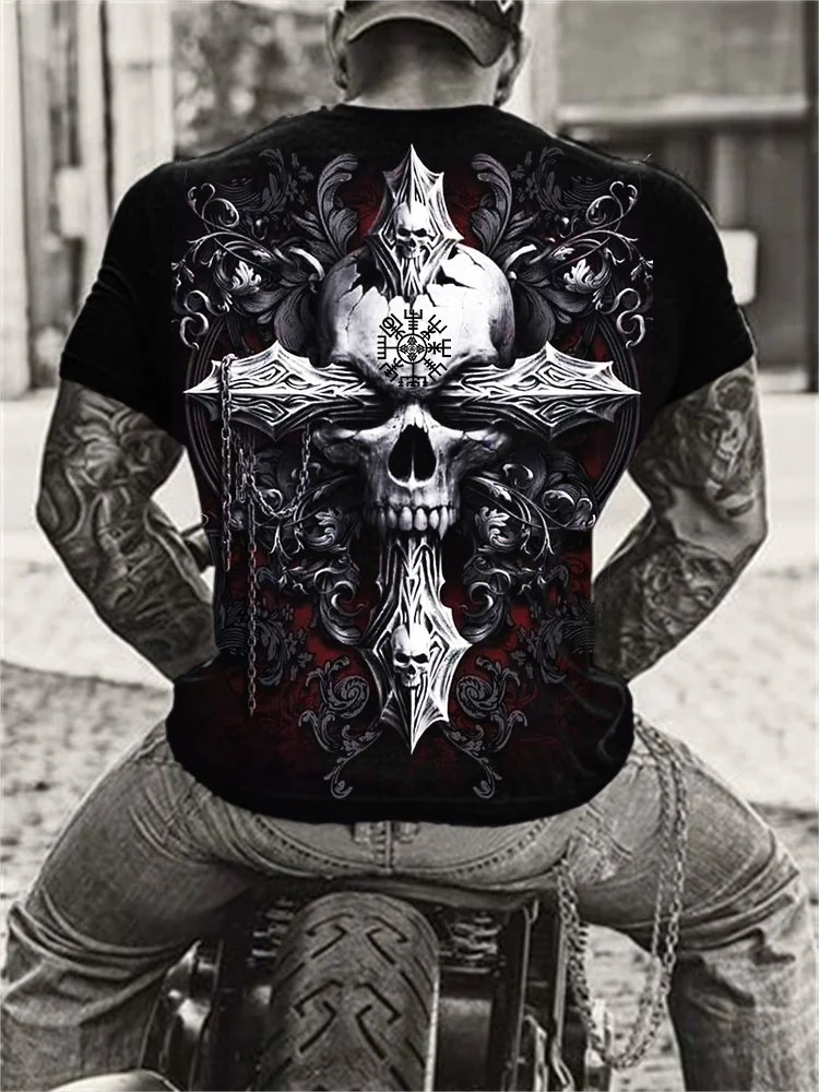 Wearshes Men's Vegvisir Skull Cross Vintage Graphic T Shirt