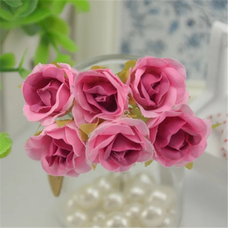 6 pcs/lot Mini Silk Artificial Gradient Rose Flower Bouquet For Wedding Decoration DIY Scrapbooking Fake Flowers Wreath Supplies