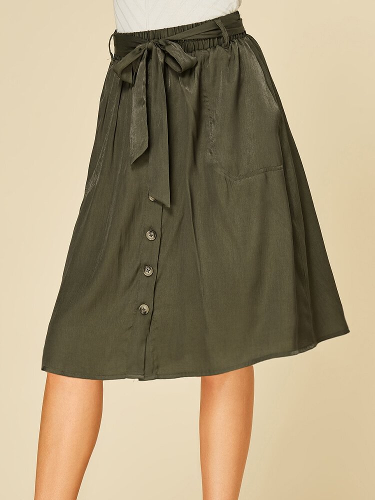 Solid Color Button Pocket Waistband Elastic Waist Casual Skirt for Women - Shop Trendy Women's Fashion | TeeYours