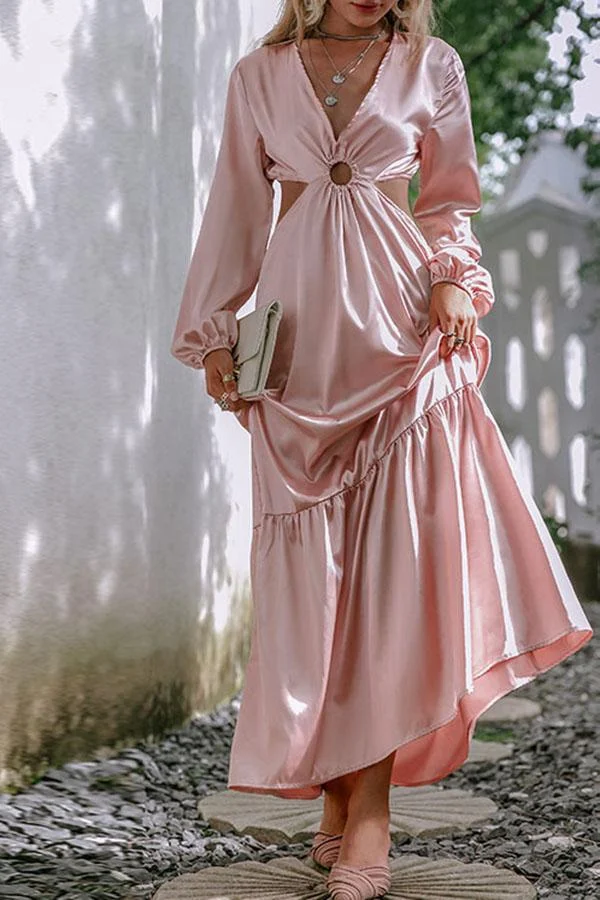 Satin V-neck Cut Out Maxi Dress