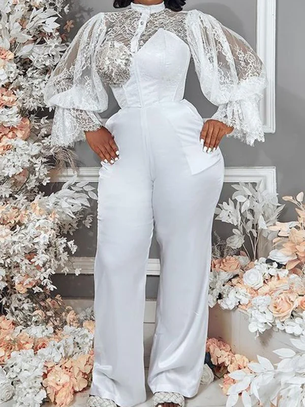 Fashion Flared Sleeve Empire Buttoned Lace Split-Joint White Jumpsuit