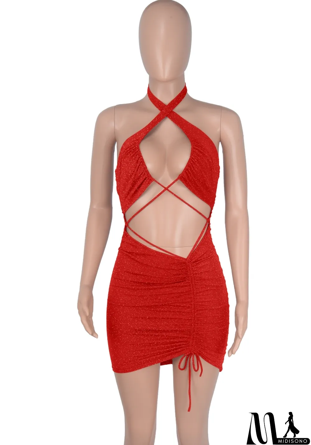 MidiSono - Women Summer Red Sexy Halter Sleeveless Solid Pleated Mini Club Dress