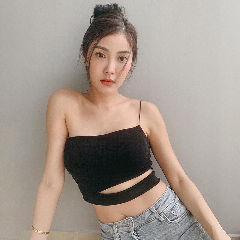 InstaHot Korea Casual Camis Summer Sexy Candy Color Hollow Out Crop Tops Women 2021 Fashion Frill One Shouler Camisole est