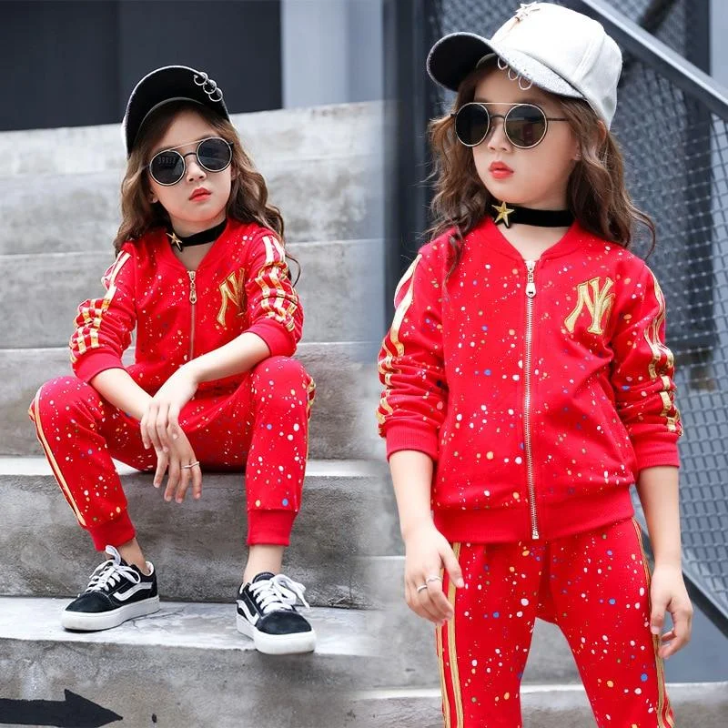 2021 New Autumn Spring Girls Clothing Suits Winter Coat Kids Colored Dots Cotton Sweatshirt Tracksuit Sport Suits Outwear