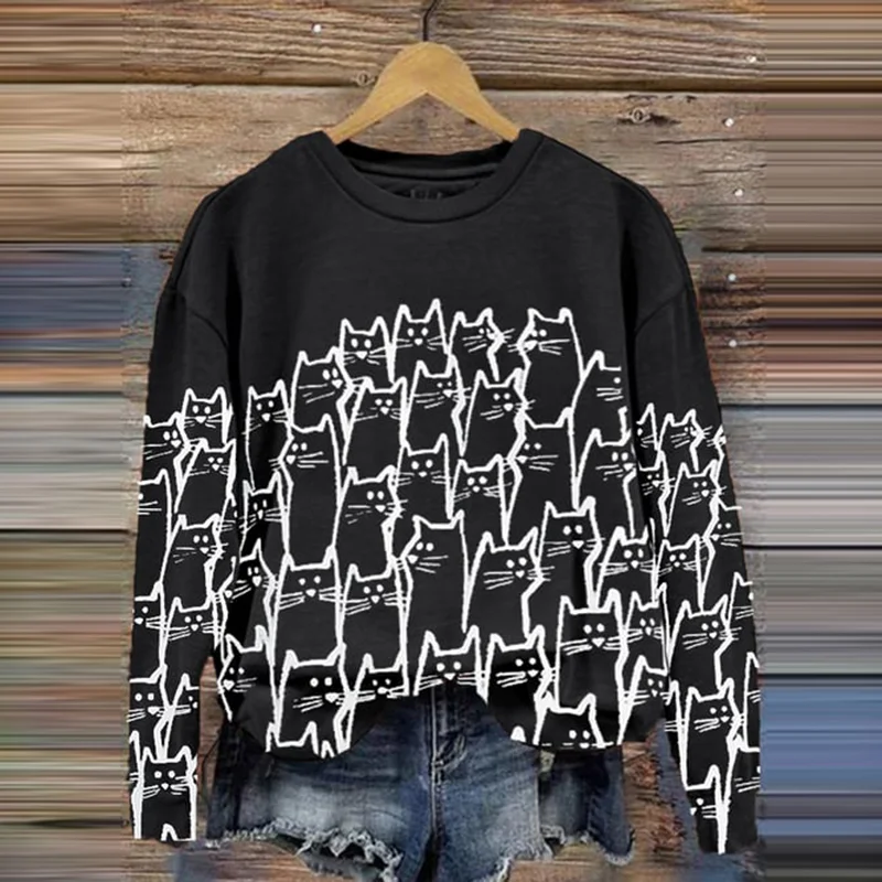 Cat Print Casual Crew Neck Sweatshirt