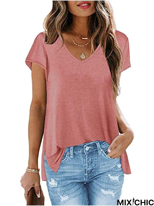 V Neck T Shirts for Women Loose Fit Soft Tops Basic Side Split Casual Summer Tees Green L