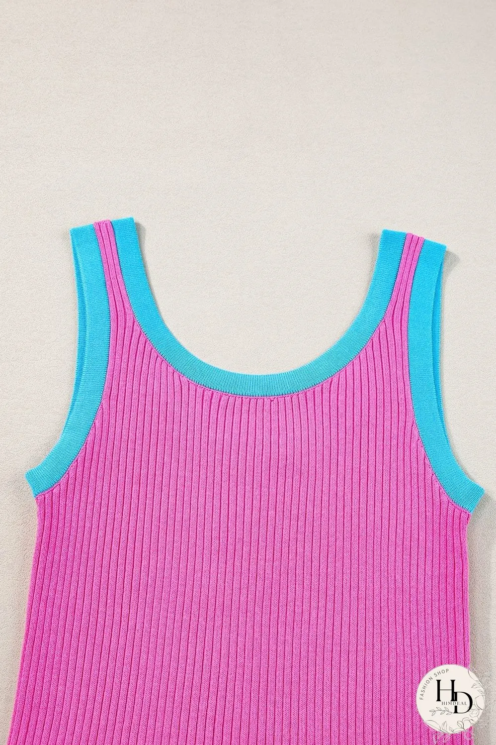 Bright Pink Ribbed Knit U Neck Tank Top with Colorblock Detail