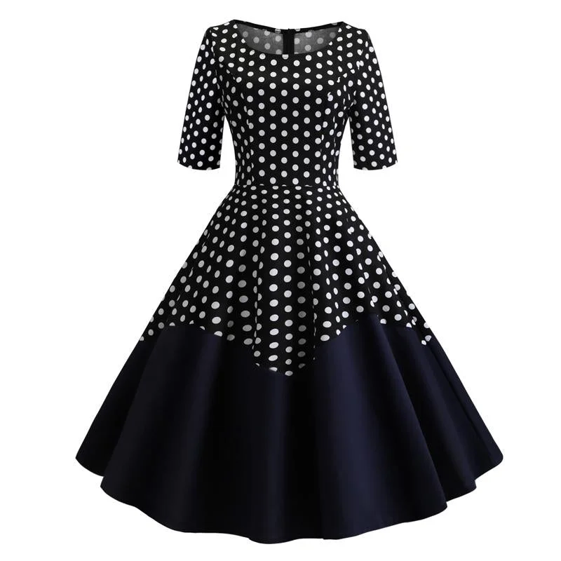 Vintage Dress Half Sleeve A Line Polka Dot Pinup Women O-Neck Casual Swing Dresses