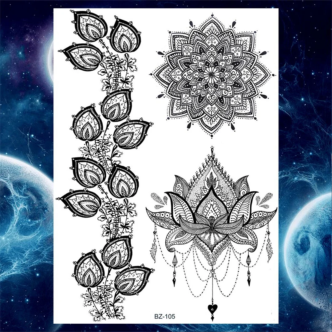 Large Tribal Totem Temporary Tattoos For Men Women Adult Henna Lotus Tattoo Sticker Fake Black Lace Flower Body Art Tatoos Arm