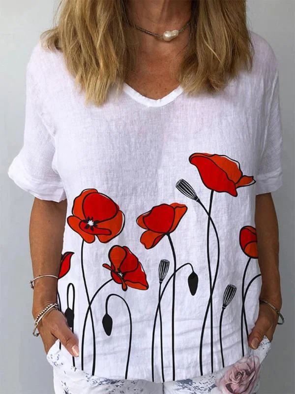 Women's Floral Print Cotton Linen Casual Shirt