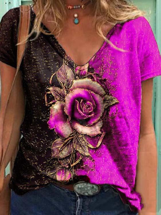 Women's V-neck Short Sleeve Floral Printed Tops