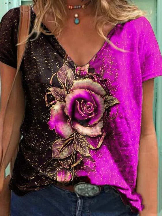 Women's V-neck Short Sleeve Floral Printed Tops
