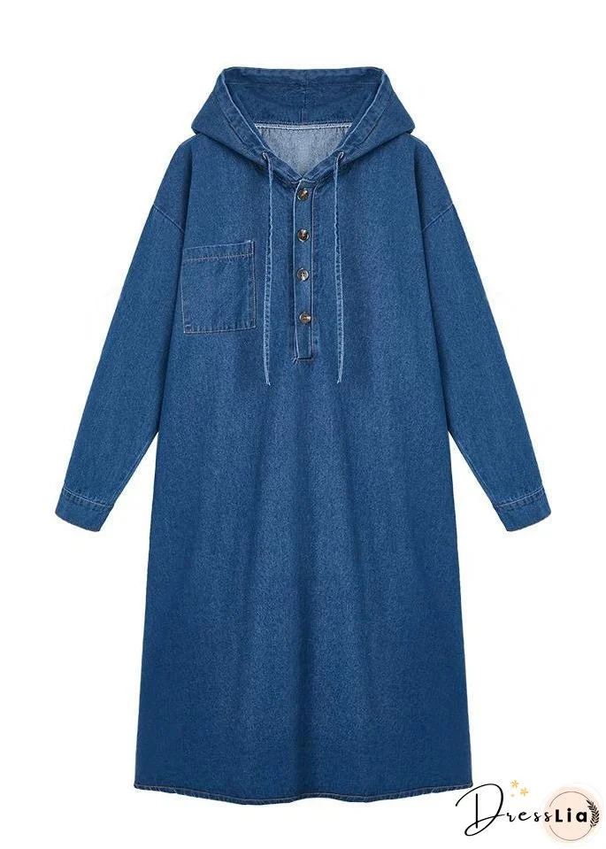 French Navy Hooded Button Patchwork Denim Dress Spring