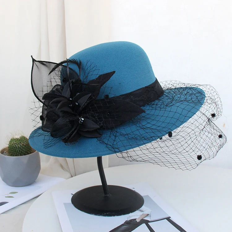 Hepburn woolen British retro mysterious mesh hat