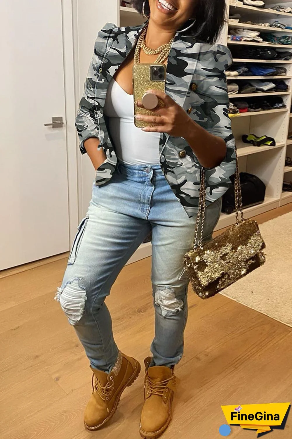 White Casual Print Patchwork Buttons Turn-back Collar Outerwear