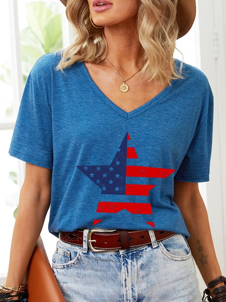 Bestdealfriday American Flag With Five Pointed Star V Neck Graphic Tee