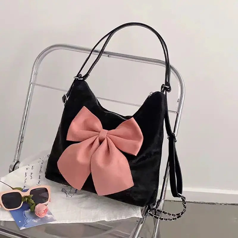 Pink Bow Womens Shoulder Bag Korean Style Fashion Large Capacity Sweet Backpack Cute Exquisite Elegant New Female Tote Bag Aiertu