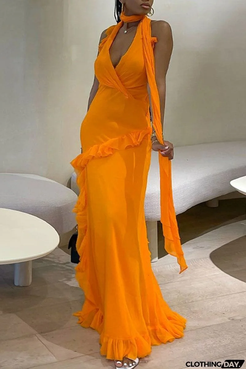 Sexy Solid Patchwork Backless Stringy Selvedge Halter Long Dress Dresses