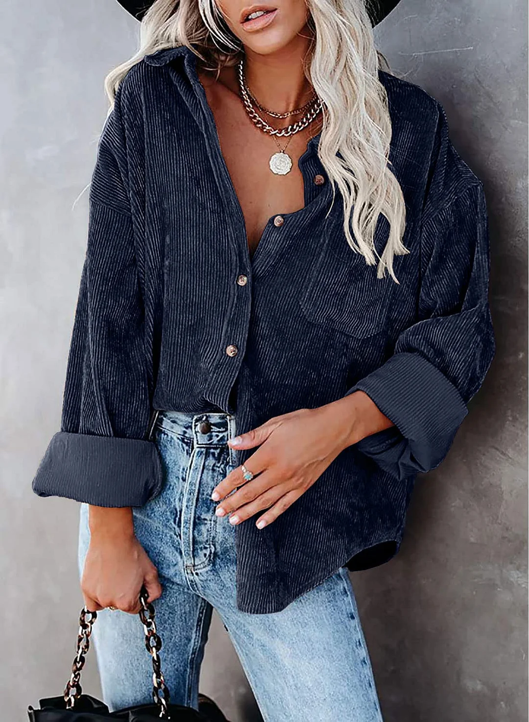 MIHOLL Women Corduroy Long Sleeve Button Down Collared Shirt Jacket Tops