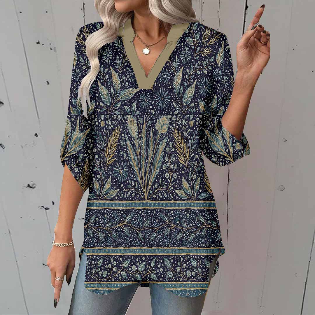 Women Retro, Black DZGA0144 3/4 Sleeve V-neck Printed Graphic Button Tops