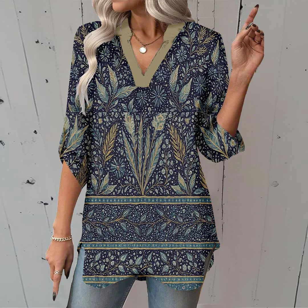 Women Retro, Black DZGA0144 3/4 Sleeve V-neck Printed Graphic Button Tops