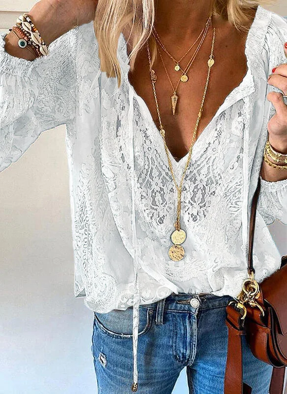 Brownm Casual Solid Color Loose Pullover Elegant Regular Sleeve Graceful Commuter Lace Shirt