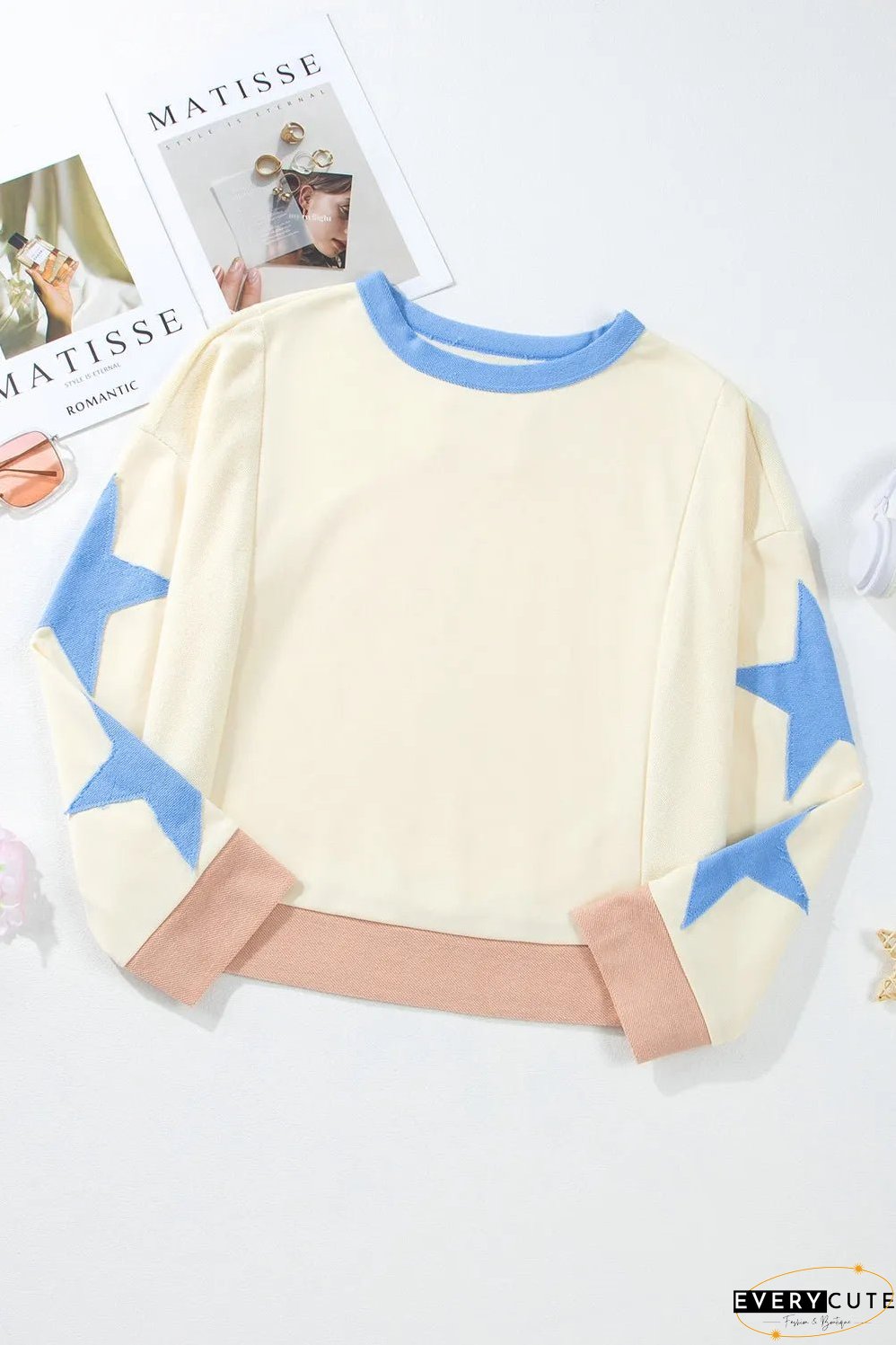 Star Contrast Round Neck Long Sleeve Sweatshirt