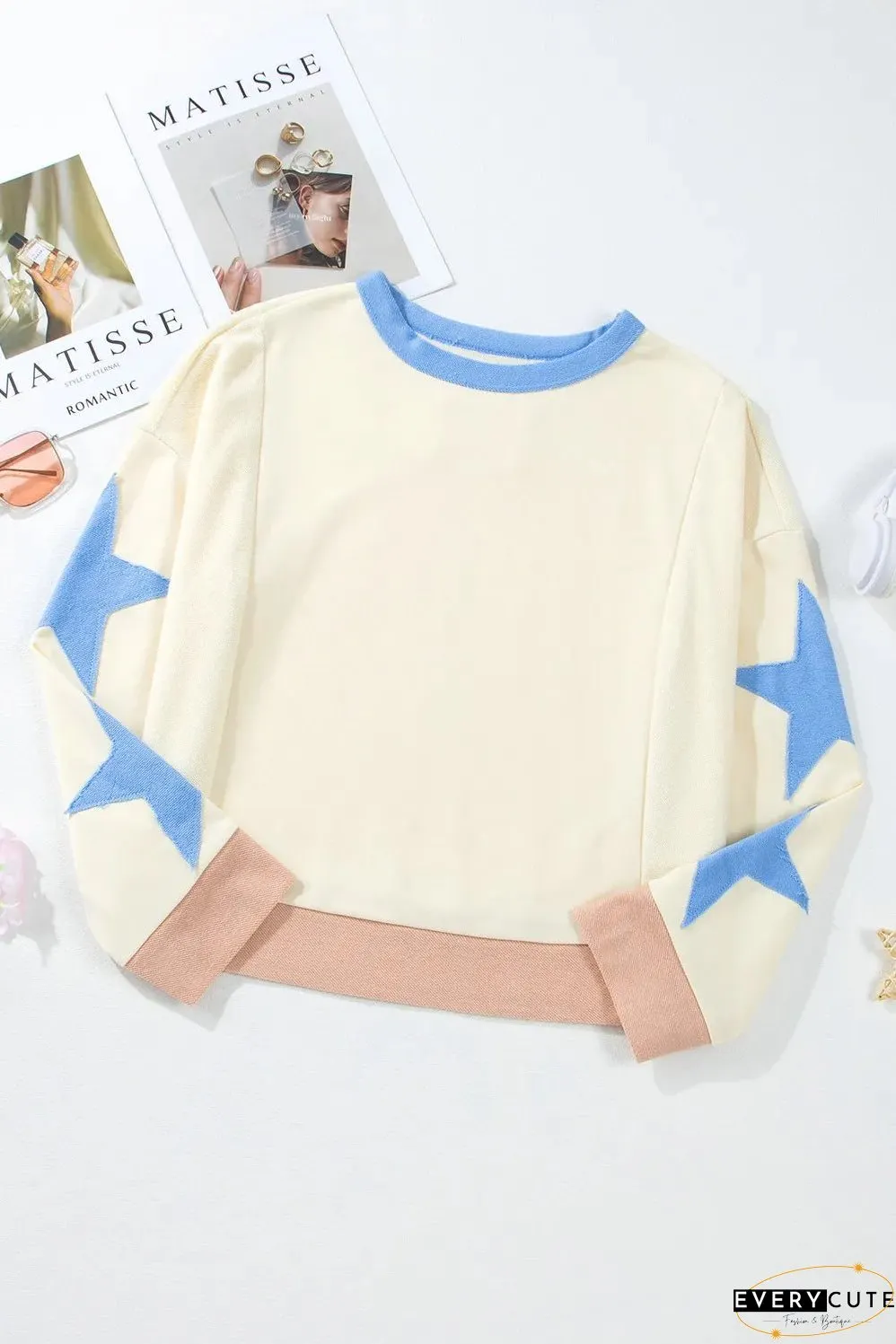 Star Contrast Round Neck Long Sleeve Sweatshirt