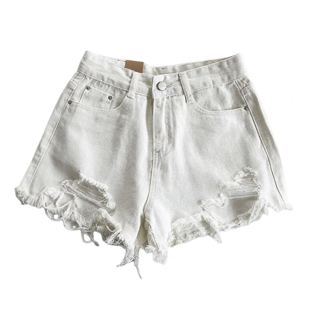 Threefruit Summer Women Denim Shorts High Waist A-line Above Knee Length Short Pants Ripped Button Zipper Closure Retro Pockets Slim Fit