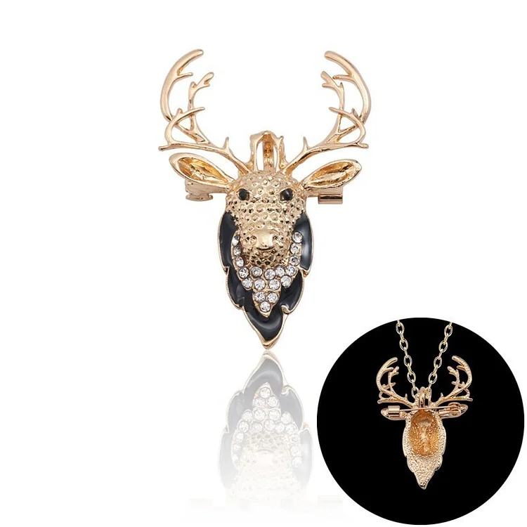 Juxith Fashion Elk Deer Brooch Necklace for Women Rhinestone Enamel Wapiti Brooch With Chain Dual Use Christmas Party Jewelry Gifts