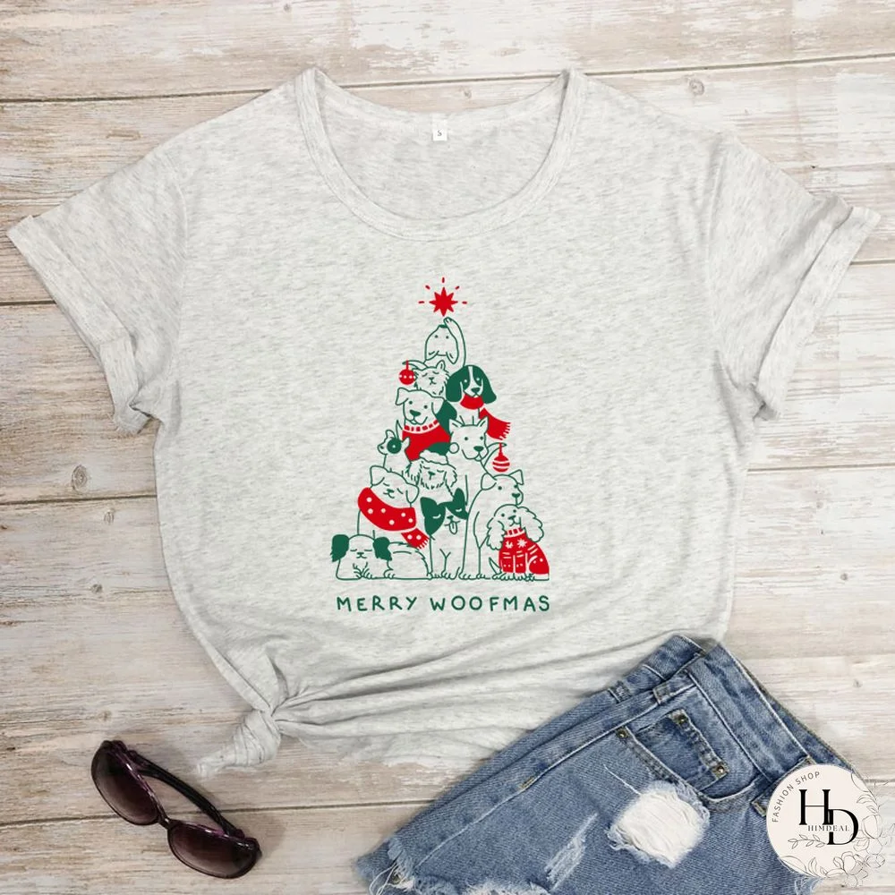 Merry Woofmas Colored Print T-shirt Kawaii Dog Lover Christmas Holiday Gift Tshirt Funny Women Graphic Tees Tops Drop Shipping