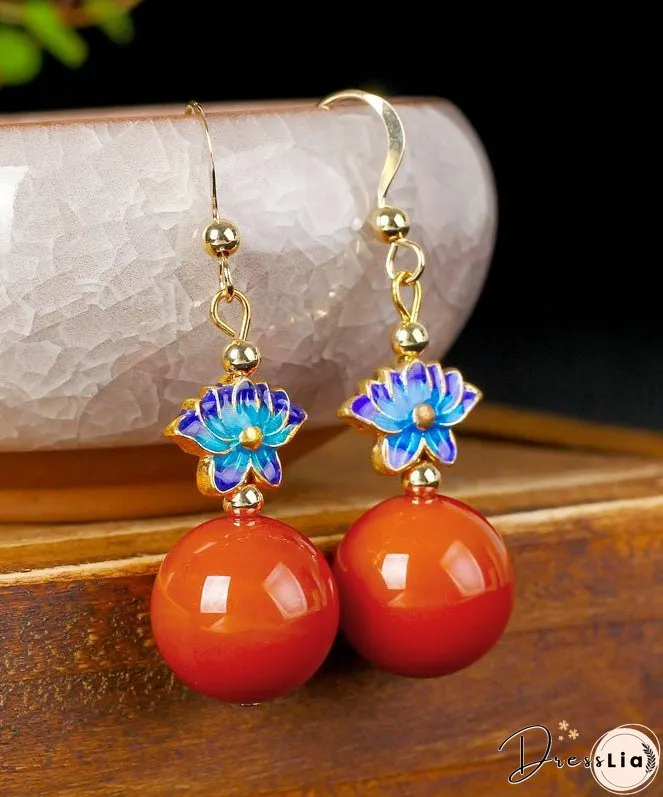 Women Red 14K Gold AgateCloisonne Drop Earrings