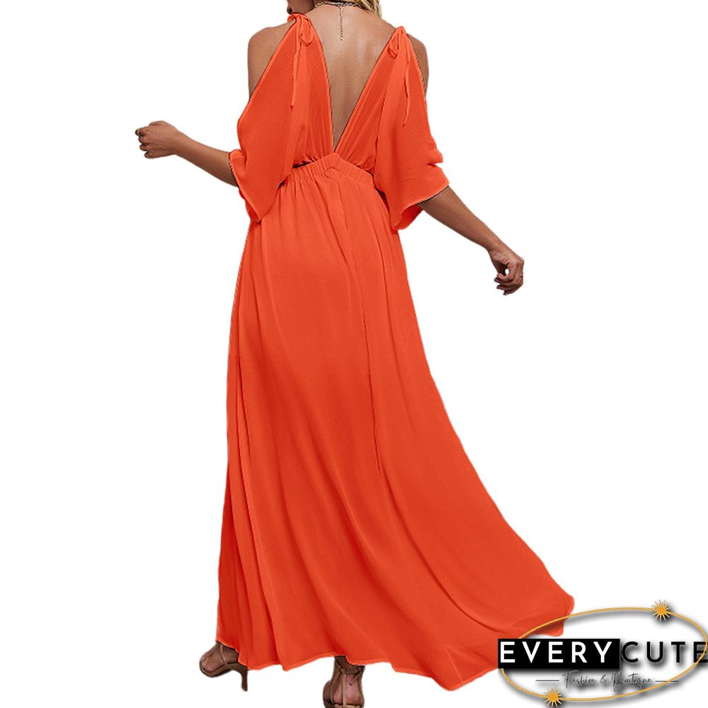Orange Deep V Neck Chiffon Maxi Dress with Slit