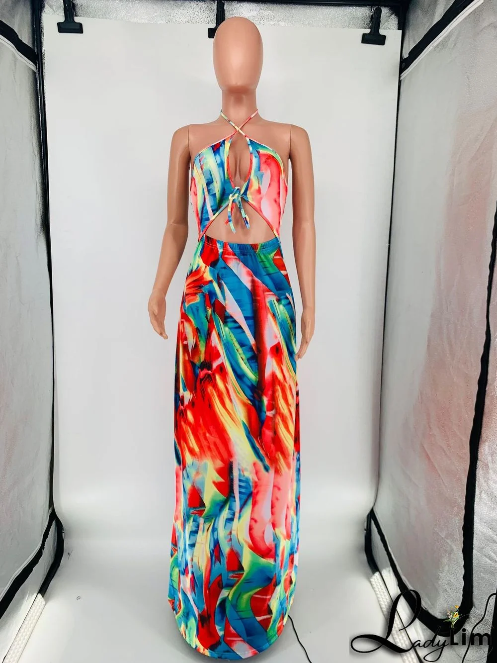 Fashion Sexy Print Halter Lace-Up One Piece Maxi Dress