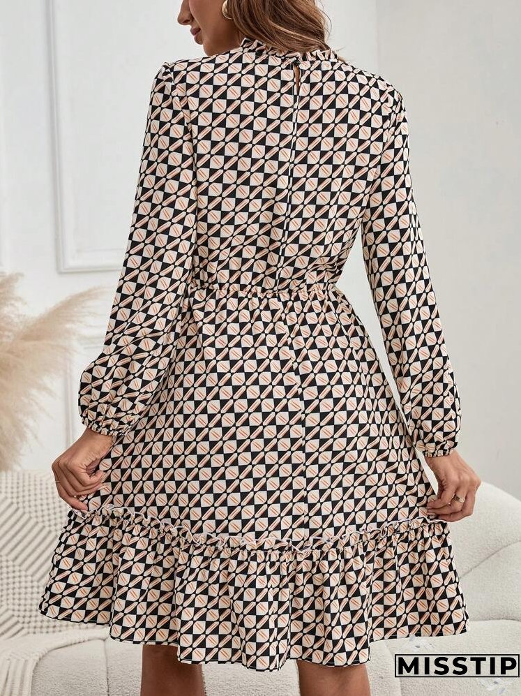 Women's Floral Print Long Sleeve Ruffle Trim Short Casual Dress