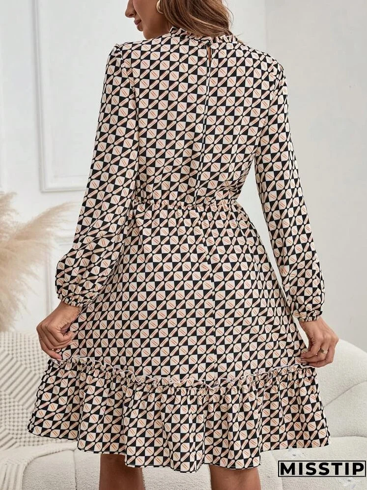 Women's Floral Print Long Sleeve Ruffle Trim Short Casual Dress