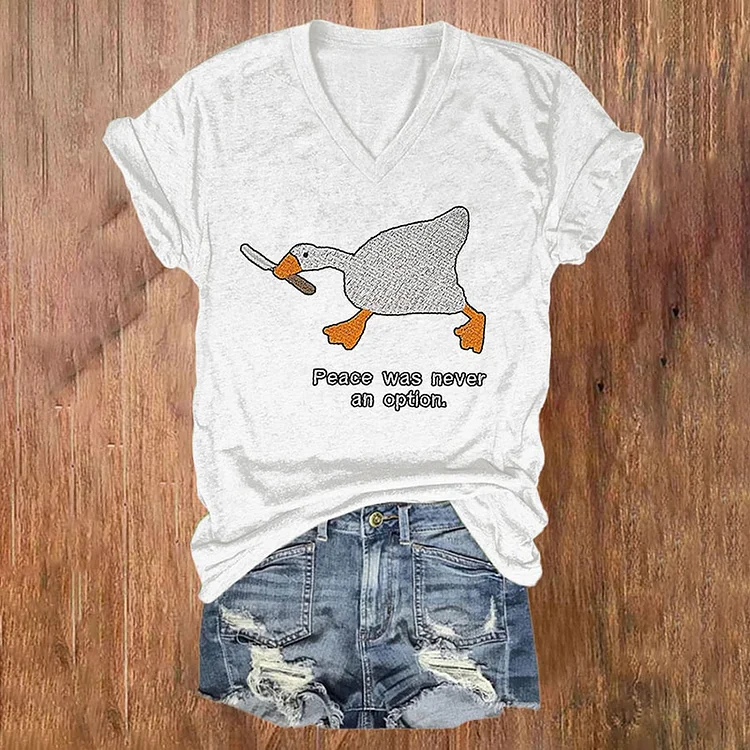 Comstylish V Neck Murder Duck Peace Was Never An Option Print T-Shirt