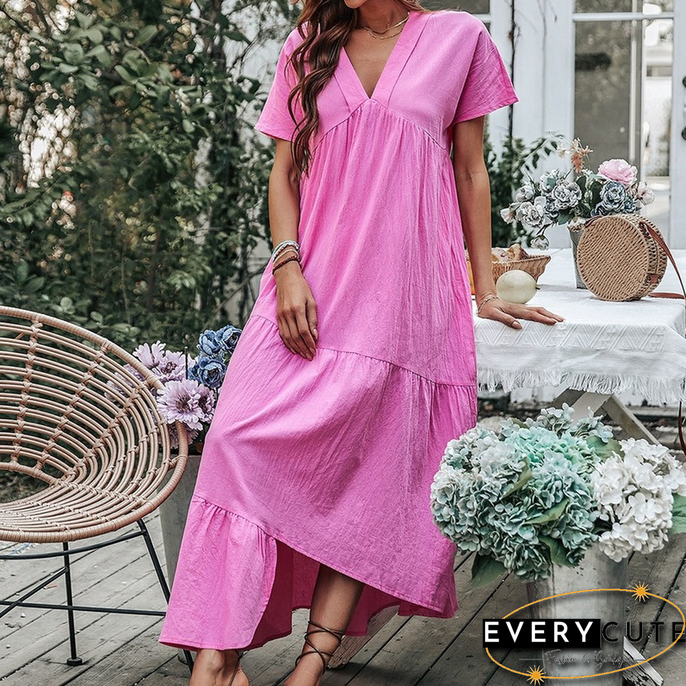 Elegant V-Neck Loose Solid Cotton A-Line Dress For Women Summer New