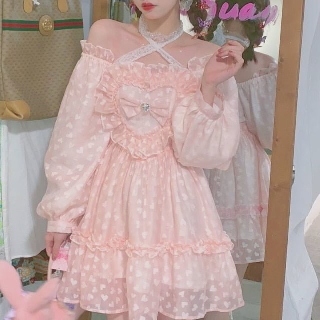 Pink Sweet Kawaii Fairy Lace Halter Princess Dress SP17314