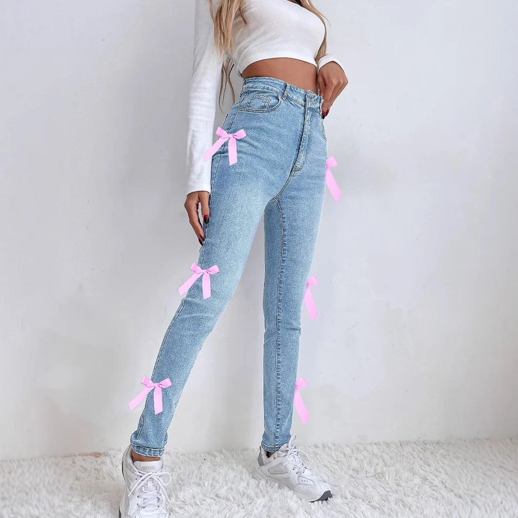 Women's INS Cute Bow Denim Jeans Skinny Denim Jeans