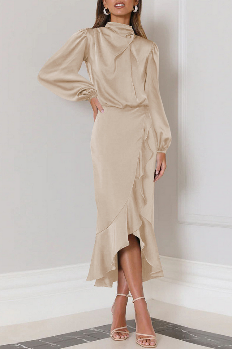 Elegant Solid Flounce Fold Turtleneck Evening Dress