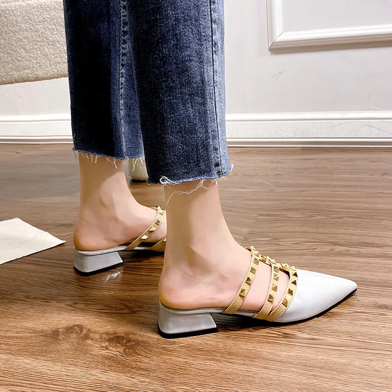 Breakj Breakj Rivet Cool Slippers Women Wear Flat-Bottomed Summer Shoal Sharp Leather Tip Half Slippers