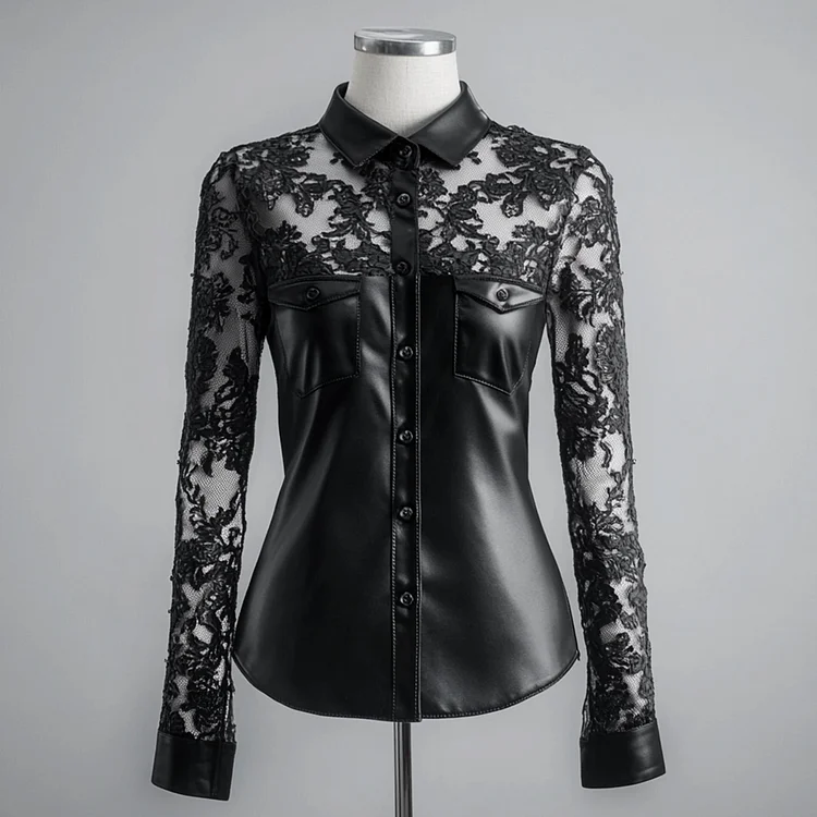 Ursime Lace Patchwork PU Leather See-Through Long Sleeve Blouse